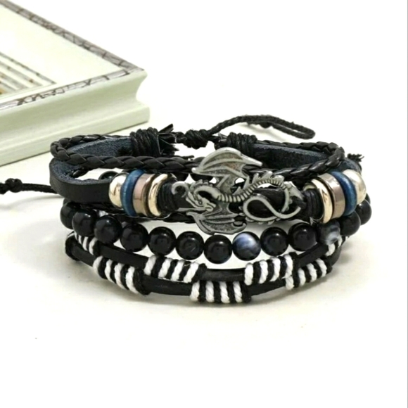 Silver Dragon bead and leather bracelet set bundle - Picture 2 of 4